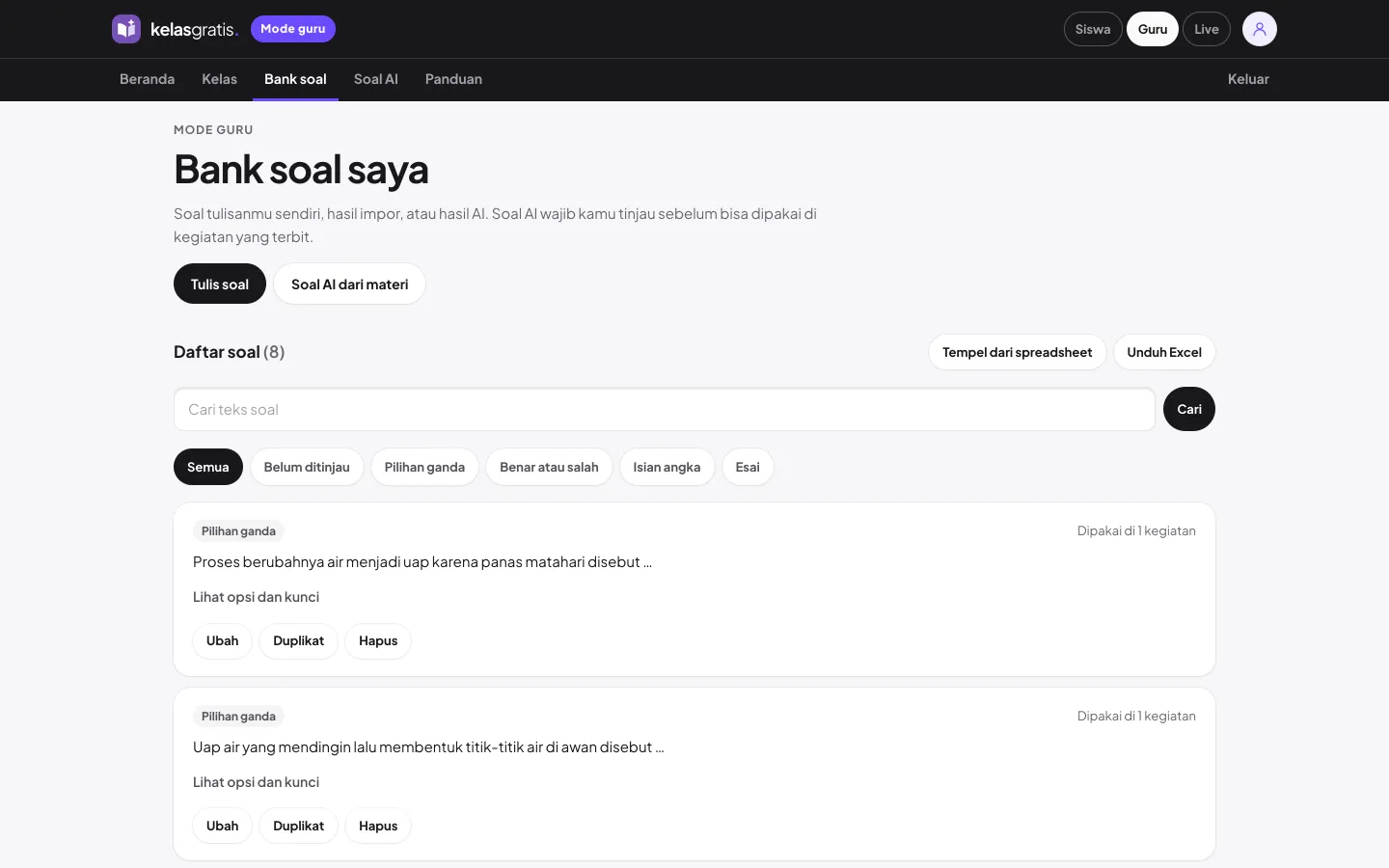 Bank soal guru berisi soal pilihan ganda, benar atau salah, isian angka, dan esai tentang siklus air
