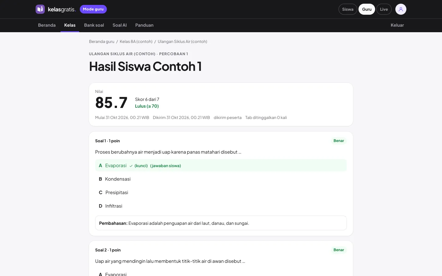 Hasil ujian satu siswa contoh: skor dan jawaban tiap soal