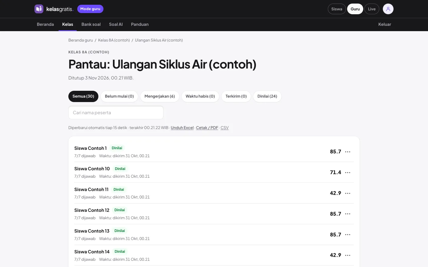 Halaman pantau ujian: daftar siswa contoh dengan status sedang mengerjakan dan terkirim