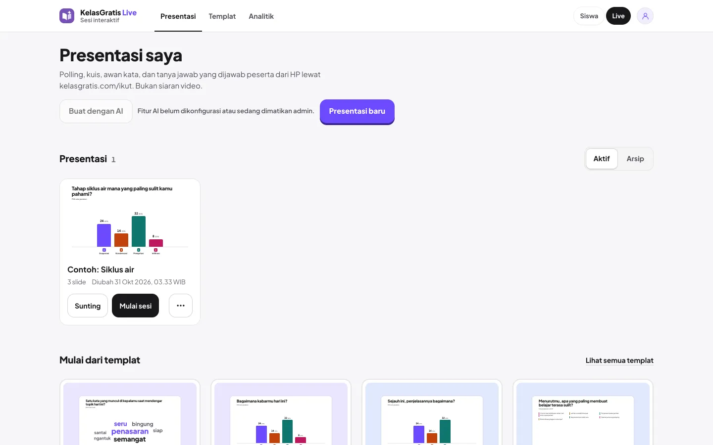 Beranda KelasGratis Live berisi presentasi, templat, dan sesi selesai