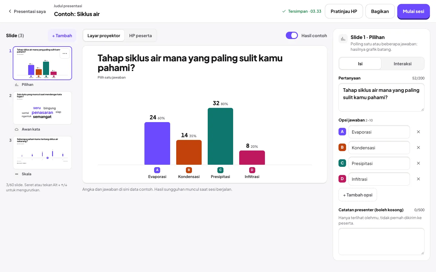 Editor presentasi Contoh: Siklus air dengan daftar slide dan formulir slide pilihan