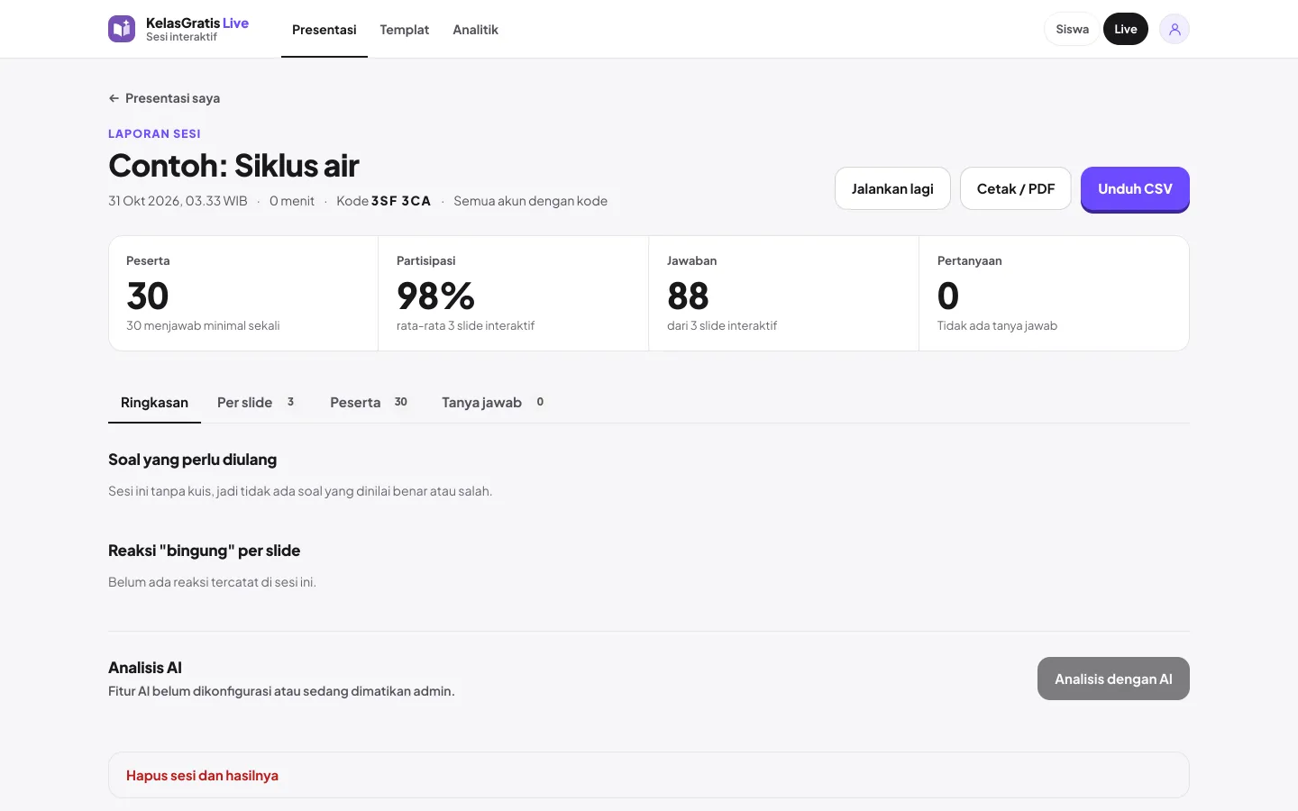 Laporan sesi Contoh: Siklus air dengan hasil tiap slide